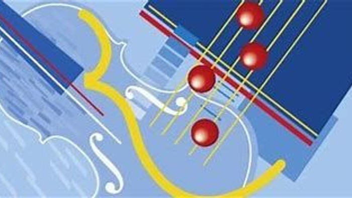 Illustrasjon af en violin med focus på strenge og tonehuller