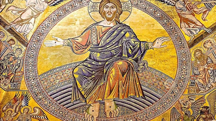 Billedet viser en mosaik af Jesus Kristus omgivet af engle og andre figurer.
