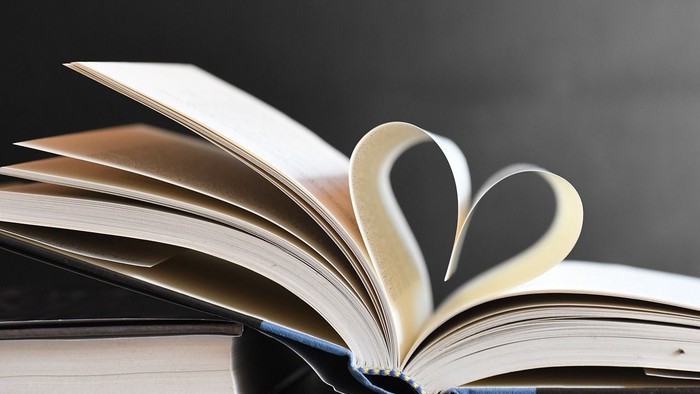 Ein offenes Buch mit Seiten, die zu einem Herzsymbol geformt sind, das die Liebe zum Lesen symbolisiert.