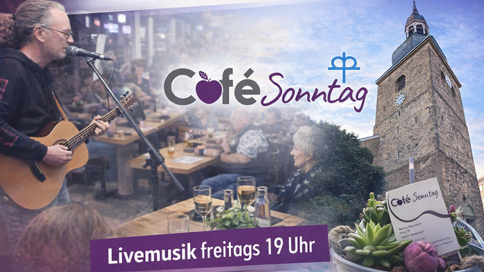 Werbeplakat für Café Sonntags Live-Musik-Event jeden Freitag um 19 Uhr mit einem Gitarristen.