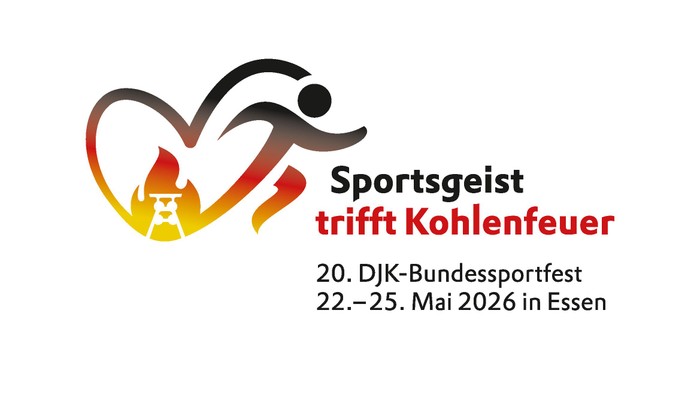 Links das Logo: Ein Herz, in dem links unten ein Förderturm in einer Flamme steht. Aus dem Herz entwickelt sich nach rechts eine laufende Gestalt. 