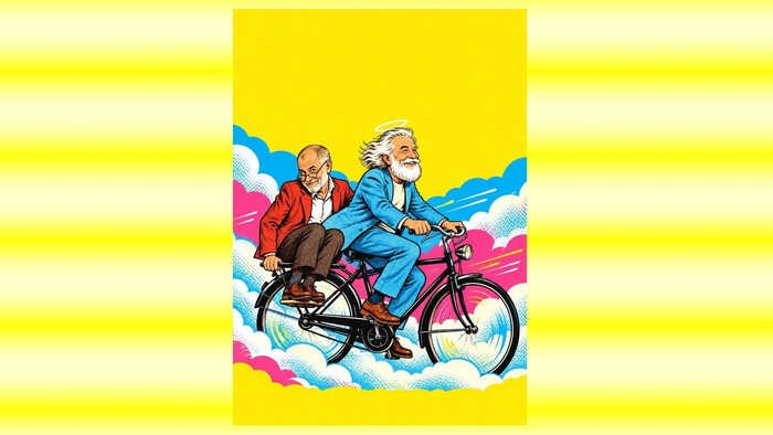 Das Bild zeigt zwei Männer auf einem Fahrrad in den Wolken.