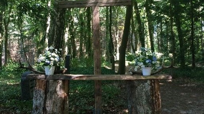 En træskulptur i skoven med blomster i beholder.