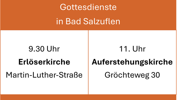 „ Gottesdienstplan für Bad Salzuflen mit Zeiten und Orten für die Erlöserkirche und die Auferstehungskirche.“
