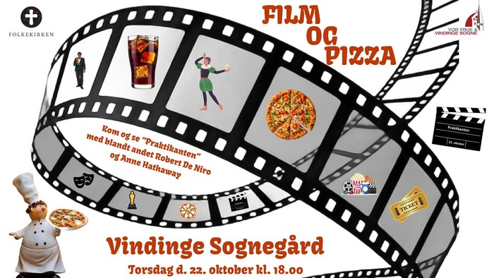 Plakat til film- og pizzaarrangement med filmaften, pizza og en kokkeillustration på Vindinge Sognegaard.