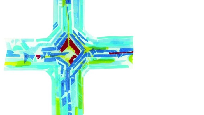 Farbenfrohes Kreuz mit dem Text 