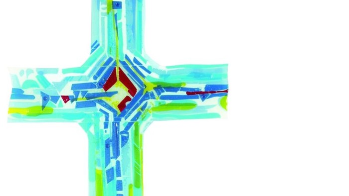 Farbenfrohes Kreuz mit dem Text 