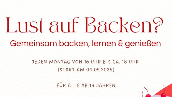 Einladung zu einem monatlichen Back-Event für Jugendliche mit Kuchen und Cupcakes mit lustigen Motiven.