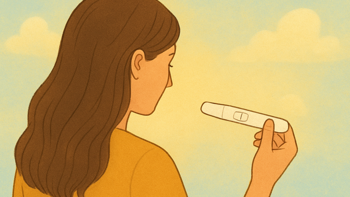 En kvinde holder en graviditetstest og kigger på resultatet.