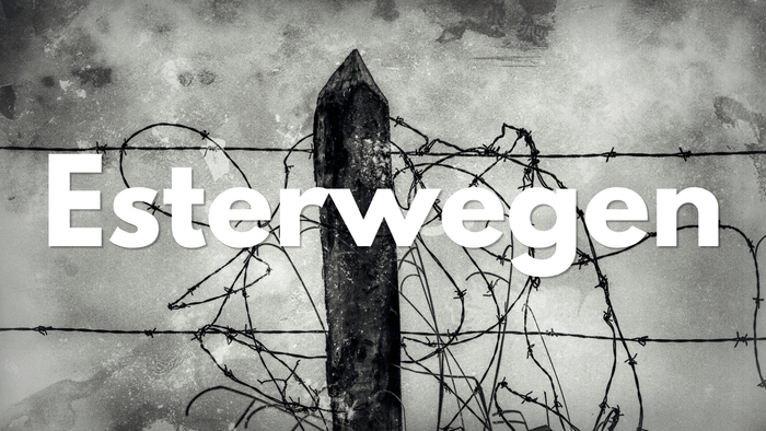 Schwarz-Weiß-Bild eines Stacheldrahtzaunpfahls mit überlagertem Text „Esterwegen“, das historische Konzentrationslager-Bilder wachruft.