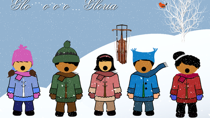 Fünf Menschen singen im Schnee Weihnachtslieder