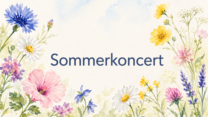 Farverigt akvarelmotiv af sommerblomster med ordet 