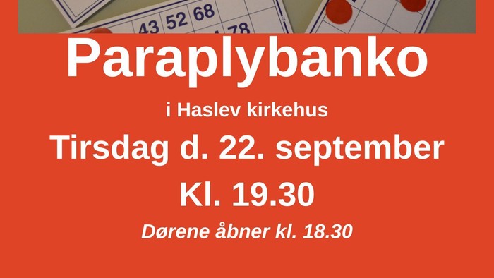 Flyeren annoncerer et Paraplybanko-arrangement ved Haslev Kirke den 22. september med kaffe og snacks.