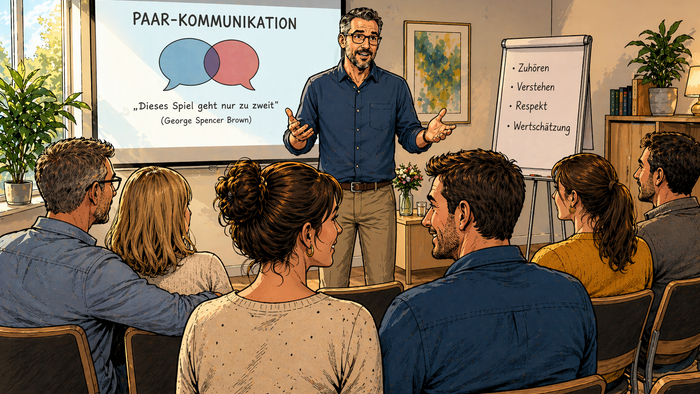 Illustration im Graphic-Novel-Stil: Ein Referent steht vor einer kleinen Gruppe von Paaren und spricht über Paarkommunikation. Hinter ihm eine Präsentation mit zwei sich überschneidenden Sprechblasen und dem Titel „Paar-Kommunikation“. Auf einem Flipchart