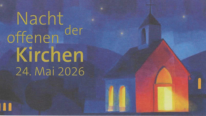 Plakat zur Bewerbung der Veranstaltung „Nacht der offenen Kirchen“ am 24. Mai 2026 mit beleuchteten Kirchensilhouetten.