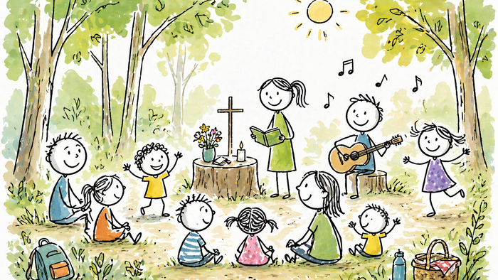 Illustration im lockeren, kindgerechten Zeichenstil: Eine kleine Andacht im Wald. Kinder und Erwachsene sitzen und stehen im Kreis auf einer Lichtung, einige spielen, andere hören zu. In der Mitte steht ein Baumstumpf mit Kreuz, Kerze und Blumen. Eine Per