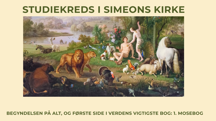 Kredsundervisningsannoncering for Simeons Kirke med fokus på Første Mosebog, startende 1. september.