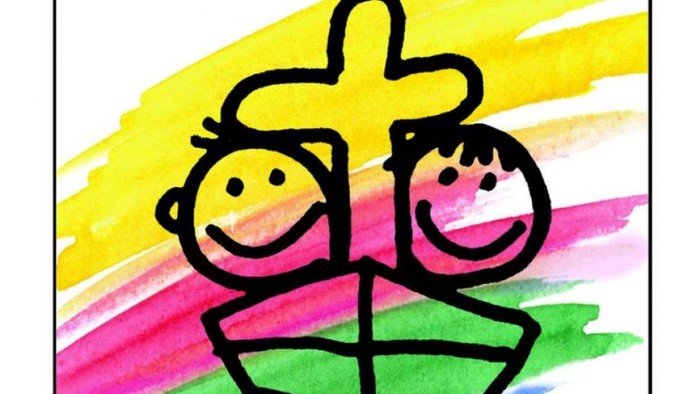 Buntes Kinderbild mit zwei lächelnden Gesichtern in einem Boot vor einem Regenbogenhintergrund und dem Text *„Kirche mit Kindern“* darunter.
