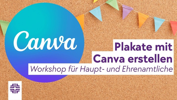 Workshop-Anzeige zur Erstellung von Canva-Plakaten für Amtsträger und Ehrenamtliche mit farbenfrohen dreieckigen Bannern.