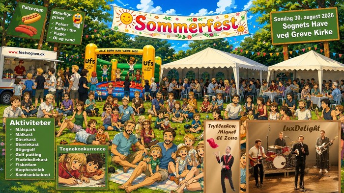 Et livligt sommerfestplakat med aktiviteter, mad, musik og familiesjov ved Sognets Have nær Greve Kirke.