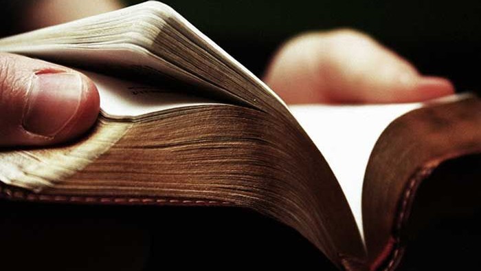 En hånd holder en åben bog med gule sider.