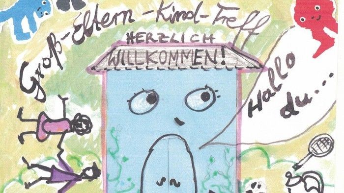 Ein lustiges Comicbild mit einem Haus und verschiedenen Figuren, das 