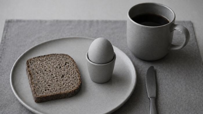 Schlicht gedeckter Frühstücksplatz mit einer Scheibe Brot auf einem Teller, einem Ei im Eierbecher und einer Tasse schwarzem Kaffee daneben; alles in zurückhaltenden Grautönen, ruhig und minimalistisch arrangiert.