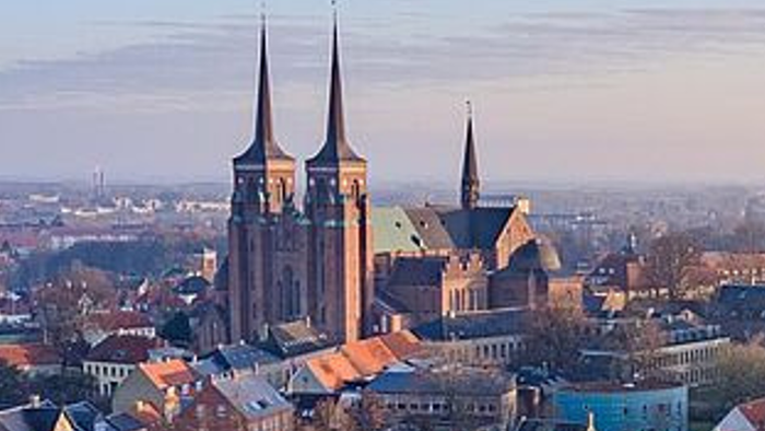 Historisk europæisk bybillede med en tvillingtårnet katedral, der dominerer horisonten, omgivet af farverige tage nedenunder.