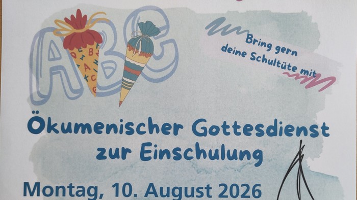 Einladung zum ökumenischen Schulanfangsgottesdienst mit Datum, Uhrzeit und Ort in Frankfurt – bitte Schulmaterialien mitbringen.