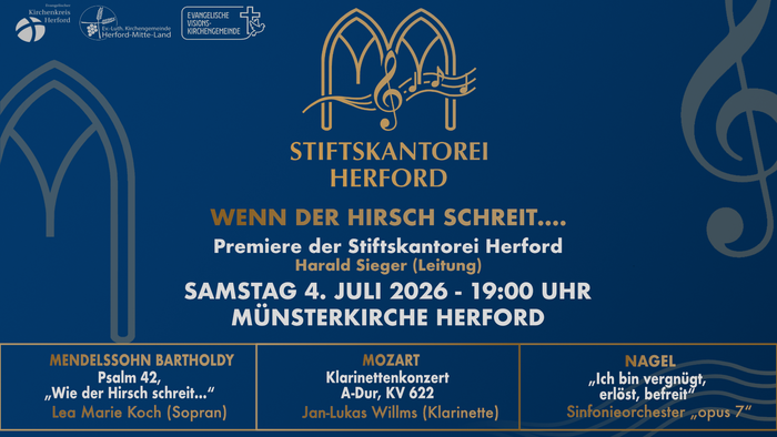 Plakat für die Uraufführung der Stiftskantorei Herford mit klassischen Musikstücken am 4. Juli 2026 in der Münsterkirche Herford.