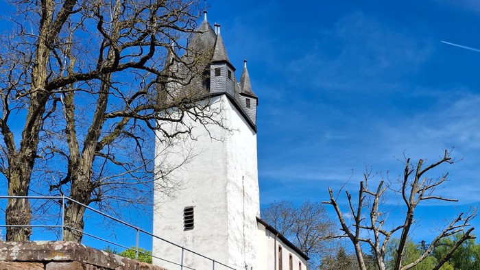 Historischer Steinturm mit Treppe, umgeben von Grünflächen und Bäumen.