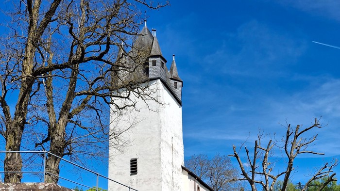 Historischer Steinturm mit Treppe, umgeben von Grünflächen und Bäumen.