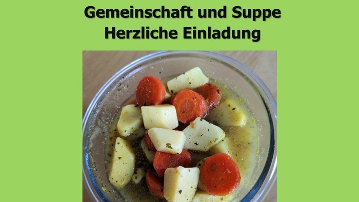 Einladungsflyer für eine Gemeinschafts-Suppenveranstaltung der Evangelischen Kirche Alt-Tempelhof mit Details und Datum.