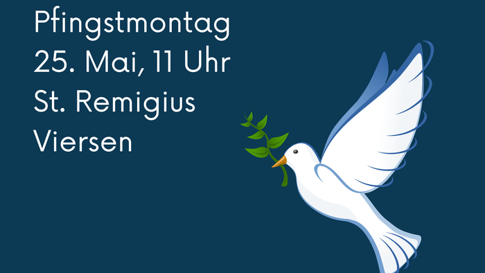 Einladung zum Gottesdienst an Pfingstmontag 11.00 Uhr mit Friedenstaube auf blauem Hintergrund
