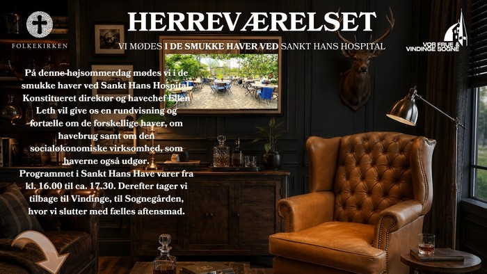 Plakat, der inviterer gæster til havevandring og social aften på Sankt Hans Hospital den 20. august.