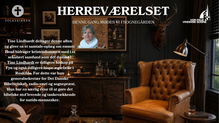 Plakat for foredrag med Tine Lindhardt i Vindinge Sognegaard Kirke den 1. oktober.
