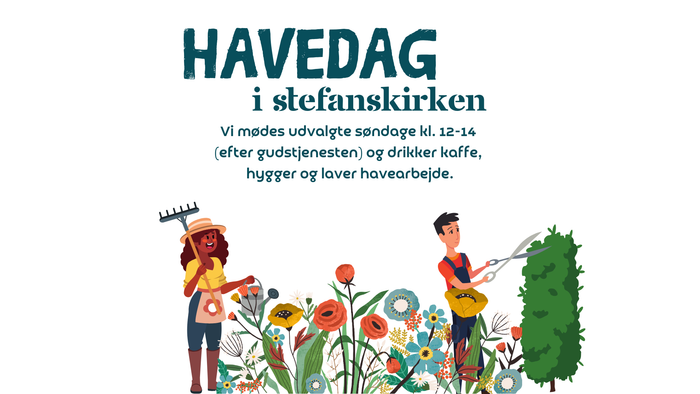 Havedag i Stefanskirken med aktiviteter som træklipning og drikker kaffe.