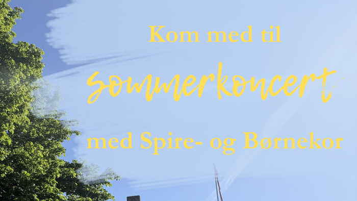 En udendørs sommerkoncert-annonce med blomster og en naturskøn baggrund med tekst på norsk.