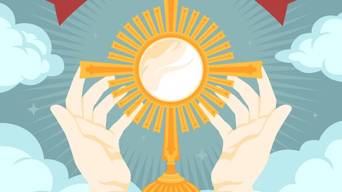 Ein goldenes Monstranz mit einem weißen Kreis, gehalten von zwei Händen, mit einem roten Banner darüber, auf dem 