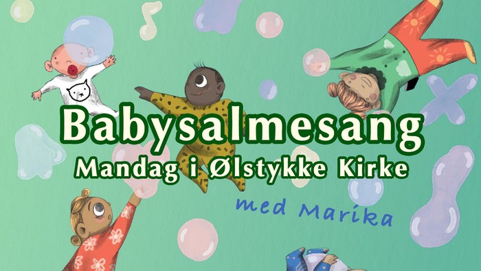 Farverigt børnehymnearrangement for babyer i Ølstykke Kirke med Marika på mandag, illustreret med legesyge tegneseriefigurer.