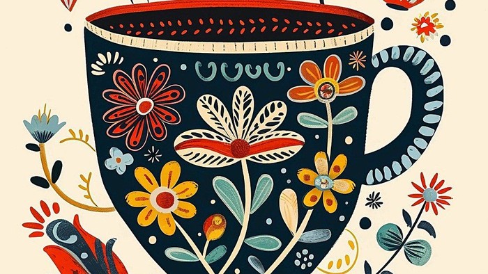 Bunter Tee-Becher mit Blumen und Vögeln, illustriert
