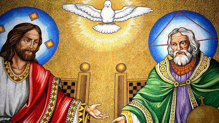 Das Bild zeigt Jesus und Moses mit der Taube des Heiligen Geistes.