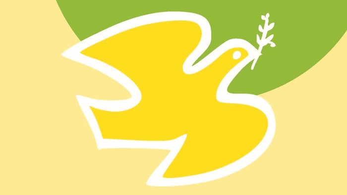 Ein gelber Tauben-Symbol mit einem grünen Hintergrund und einem Zweig im Schnabel