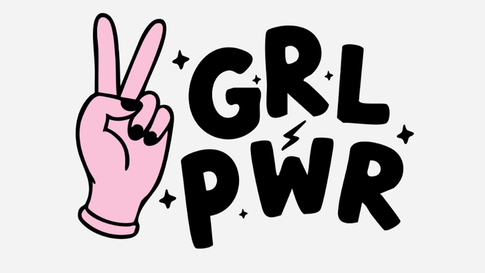 Rosa Friedenszeichen-Hand mit fettem „GRL PWR“-Schriftzug als Zeichen der Feier weiblicher Stärke.