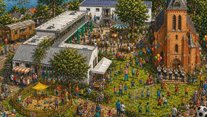 Detailreiches Wimmelbild eines sommerlichen Gemeindefests rund um Kirche und Gemeindezentrum: Viele Menschen jeden Alters feiern im Freien zwischen Bäumen und bunten Wimpeln, es gibt Essensstände, Sitzgruppen, Kinder spielen im Sandbereich, eine Blaskapel
