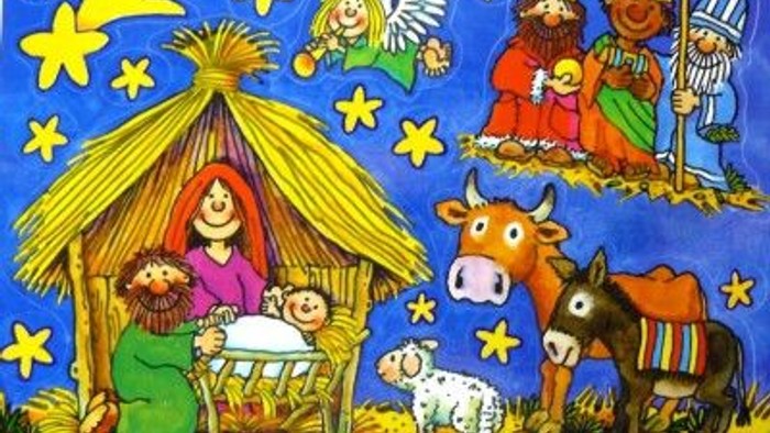 Et farverigt julebillede med Jesusbarnet, Maria, Josef, engle, tre dyr og tre konger.