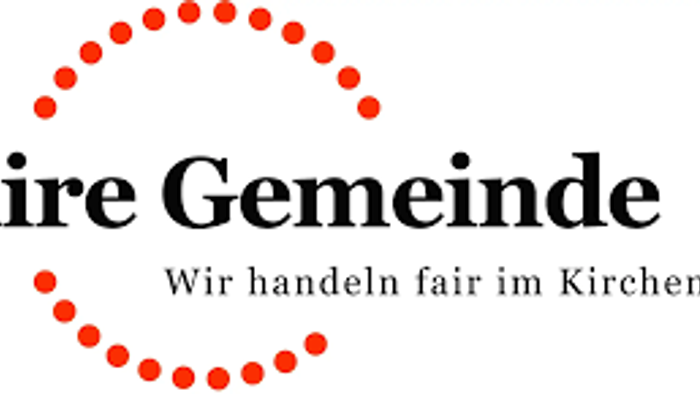 Logo für „Faire Gemeinde“, das faire tägliche Kirchenpraxis mit einem kreisförmigen roten Punkt-Design fördert.