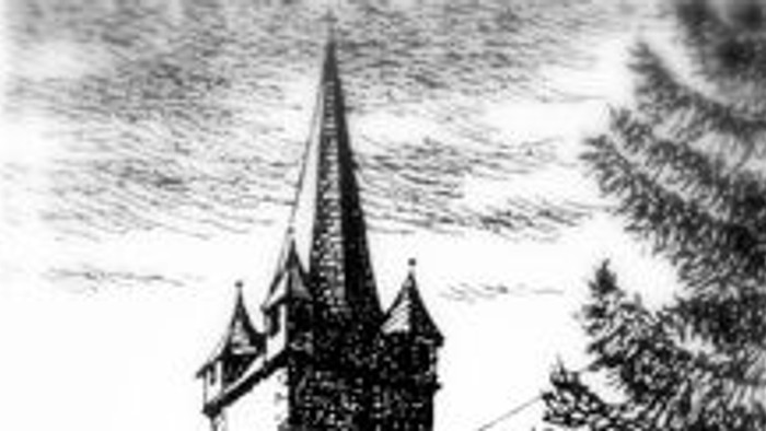 Skizze einer historischen Kirche mit hohem Kirchturm, umgeben von Grünflächen und Steinmauern.
