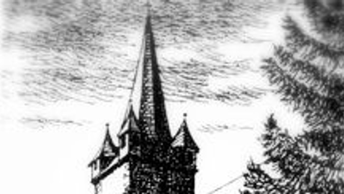 Skizze einer historischen Kirche mit hohem Kirchturm, umgeben von Grünflächen und Steinmauern.