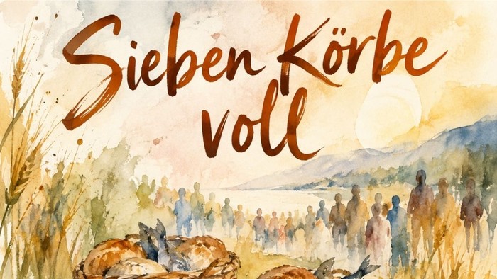 Plakat kündigt einen Erntedank-Gottesdienst mit Abendessen an, bei dem sieben Körbe mit Fisch serviert werden, am 4. Oktober 2026.